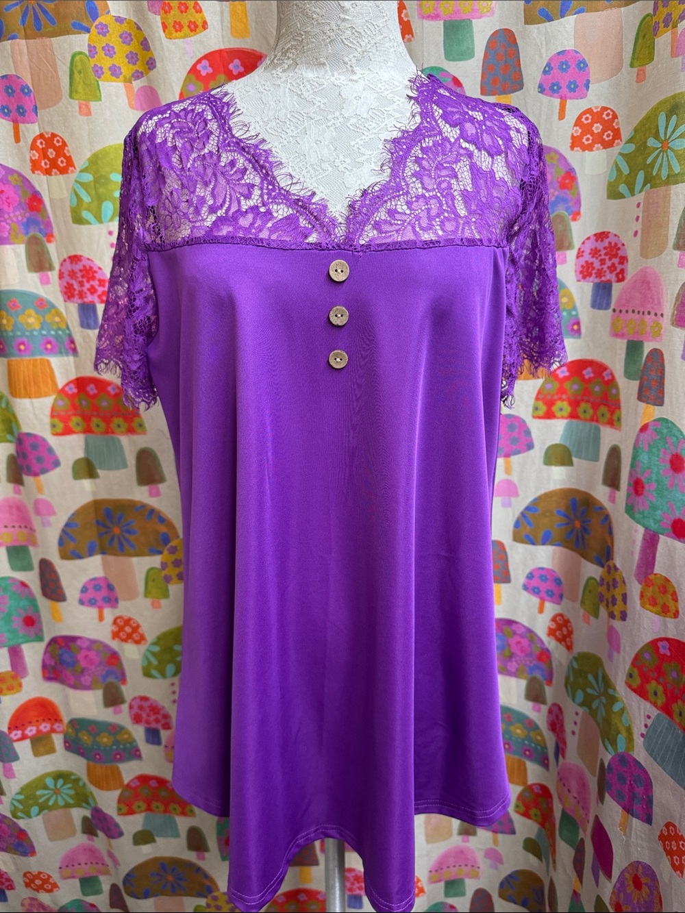 Lace Yoke Short Sleeve Top in Purple. XL